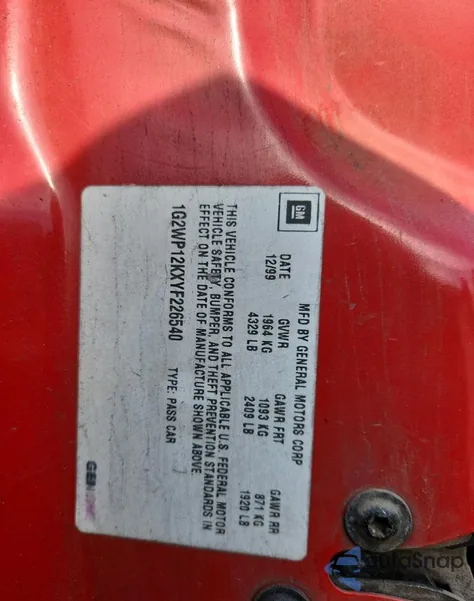 2000 Pontiac Grand Prix Gt z USA, uszkodzony, nr VIN 1G2WP12KXYF226540